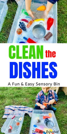 a young boy playing with the dishes in his play tray on the grass, and text overlay that reads clean the dishes