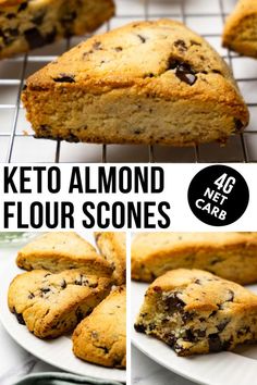 Three images of scones with chocolate chips. Almond Flour Scones, Almond Flour Desserts, Galletas Keto, Flourless Desserts, Gf Cooking, Pan Keto, Healthier Treats, Healthier Sweets, Gluten Free Scones