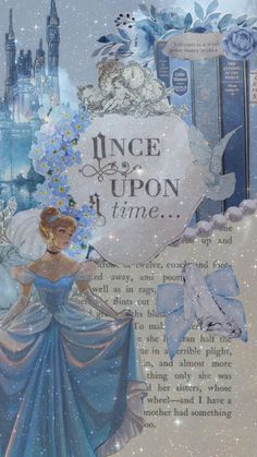 a card with an image of a woman in a blue dress and the words once upon time