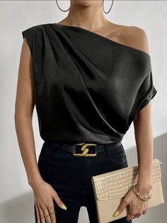 Batwing Sleeve Blouse, Style Noir, Satin Blouse, Work Tops, Elegant Shirt, Solid Clothes, Batwing Sleeve, Basic Style, Look Chic