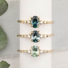 three rings with different colored stones on top of each other next to a succulent plant