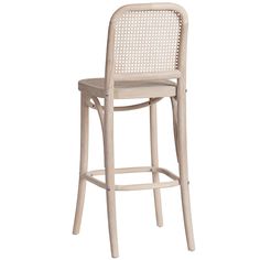 a white wooden stool with wicker seat and backrests on an isolated white background