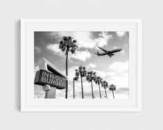 an airplane flying over palm trees and a sign in front of it that says innout burger