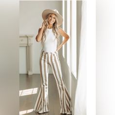 Distressed Bellbottom Jeans Taupe Striped Color Fabric Contents: 75% Cotton, 23% Polyester, 2% Spandex Striped Denim, Denim Flare Jeans, Cardigan Crop Top, Flare Denim Jeans, Bottom Jeans, Cardigan Crop, Sweater Tank Top, Bell Bottom, Denim Flares