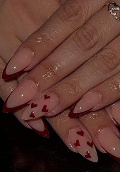 dark red valentines nails Random Nail Designs Acrylic, Nail Idea For Valentines Day, Nails To Go With Dark Red Dress, Nail Inspo Coffin Short Winter, Easy Nail Art Coffin, Nails Design Red Elegant, Cute Nail Ideas Valentines Day, Almond Nails With Simple Design, Almond Acrylic Nails Dark