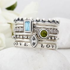 We designed each band in wax by hand and then cast them in silver ~ and we are in love with how well they mix and match!  You can design a ring using any combination you want!  Mix any number of bands and birthstone rings to create a ring unique to you. You can design the perfect ring just for you or it makes the perfect gift for your friend, sister or mom! Also available in gold vermeil:  https://www.etsy.com/listing/728172200 ♥♥ HOW TO ORDER ♥♥ **If item is ordered correctly and we have no que Ring Sets Silver, Silver Stackable Rings, Stackable Birthstone Rings, Rings Stacking, Silver Bands, Stackable Rings Silver, Birthstone Rings, Rings Handmade, Unique Bands