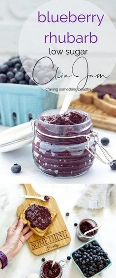 blueberry rhubarb jam in a glass jar on a cutting board