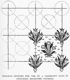 an old drawing of flowers and leaves on a grid pattern with dots in the background