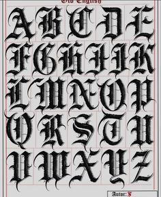 an old english alphabet in gothic style with black lettering and red border on white paper