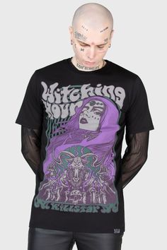 WITCHING HOUR.- Soft, stretch cotton.- Statement, custom graphics on front and back.- Short sleeves.- Crew neckline.- Relaxed.With KILLSTAR branding, Fabric 1: 100% Cotton Neck trim: 93% Viscose 7% Elastane.Machine wash cold (30°c) / Do not bleach / Do not tumble dry / Iron at low temperature / Do not dry clean. Imported. Witching Hour, Custom Graphics, Stretch Cotton, Crew Neckline, Bleach, Dry Clean, Short Sleeves, Branding, Trim