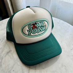 Brand New Camp Poosh Adjustable Trucker Hat From The Poosh Coachella Desert House White Summer Trucker Hat For Outdoor, White Camping Cap, White Cap For Camping, Casual White Trucker Hat For Camping, Casual White Hat For Camping, Camp Poosh, Delta Tau Delta, Desert House, Desert Homes