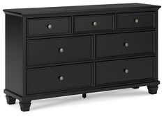 a black dresser with six drawers and two doors on one side, in front of a white background