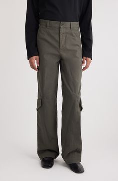 Angled flap pockets put a fresh slant on utility style with these cargo pants crafted of cotton. 30 1/2" inseam; 22" leg opening; 13 1/2" front rise; 16 1/2" back rise (size 46EU) Zip fly with button closure Front slant pockets; cargo button-flap pockets; back button-flap pockets 100% cotton Machine wash, line dry Imported Designer Clothing Fitted Cotton Bottoms With Flap Pockets, Utility Cargo Pants With Flap Pockets, Fitted Cotton Cargo Pants With Straight Hem, Military Style Cotton Cargo Pants With Flap Pockets, Military Cotton Cargo Pants With Flap Pockets, Utility Parachute Pants With Cargo Pockets, Utility Full-length Cargo Pants, Military Style Cotton Pants With Flap Pockets, Military Style Straight Leg Parachute Pants With Pockets