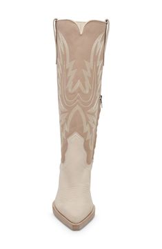 Intricate stitching maximizes the Western style of a knee-high boot lifted by a sturdy block heel. 3 1/2" heel (size 8.5)   12 1/2" shaft; 15 3/4" calf circumference.   Leather upper/100% recycled linen lining/synthetic sole   Imported Wide Calf Snip Toe Knee-high Boots For Spring, Western Knee-high Boots With Stacked Heel, Wide Calf Knee-high Boots With Snip Toe For Spring, Western Knee-high Wide Calf Platform Boots, Western Wide Calf Knee-high Boots With Stacked Heel, Wide Calf Knee-high Western Platform Boots, Western Style Knee-high Wide Calf Platform Boots, Western Knee-high Boots With Reinforced Heel, Knee-high Boots With Stacked Heel And Snip Toe