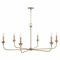 a brass chandelier with five lights hanging from the bottom, and four arms