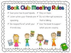 a book club meeting rules poster with four children holding books in their hands and the text,