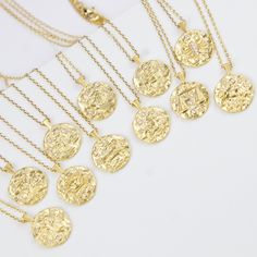 "*zodiac constellation necklace, celestial jewelry, 18k gold filled medallion pendant necklace, zodiac sign necklace, layering necklace *Delicate High quality Chain - Length: 18\"as shown on the pictures - pendant size: 14mm - material: pendant- 18k gold filled, chain- 18k gold plated - Comes in a cute little package - Perfect on its own or as a layering piece. - Available : gold only. * View star necklace here: https://www.etsy.com/listing/777461400/gold-star-necklace-star-jewelry?ref=shop_home Jewelry Layering Necklace, Zodiac Constellation Necklace, Jewelry Layering, Gemini And Virgo, Zodiac Sign Necklace, Necklace Star, Star Necklace Gold, Picture Pendant, Sign Necklace