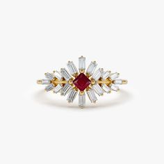 "Natural Ruby Ring / 14k Gold Baguette Diamond Cluster Ring with a Natural Square Princess Cut Ruby by Ferko's Fine Jewelry Item Details * Made to Order * Gold Kt: 14K (also available in 18K) * Available Gold Color: Rose Gold, Yellow Gold, White Gold * Baguette Diamond: 10 pcs 2.55 x 1.25 MM * Baguette Diamond: 10 pcs 2.25 x 1.25 MM * Square Ruby: 2.5MM * Ruby CTW: 0.12 ctw * Diamond CTW: 0.42 ctw If you have any additional questions about this ring, just hit the \"Message Ferko\" button and we Luxury Ruby Ring With Baguette Diamonds For Gift, Ruby Ring With Baguette Diamonds For Gift, Red Baguette Diamond Rings As Gift, Ruby Rings With Baguette Diamonds For Anniversary, Anniversary Ruby Ring With Baguette Diamonds, Anniversary Ruby Rings With Baguette Diamonds, Red Baguette Diamond Rings For Anniversaries, Red Baguette Diamond Rings For Anniversary, Baguette Cut Ruby Ring With Baguette Diamonds For Wedding