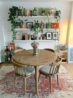 a dining room table and chairs with bookshelves in the back ground, potted plants on shelves above