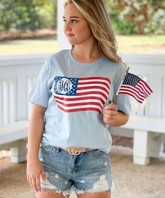 Get this Monogrammed Waving Flag Bella Canvas Tee and head out in style! Nothing beats the softness of Bella Canvas shirts! * 4.2 oz. 100% airlume combed and ringspun cotton* Side seams, retail fit * Shoulder to shoulder taping * Unisex sizing Soft-washed Cotton Top For 4th Of July, 4th Of July Soft-washed Cotton Top, Patriotic Cotton T-shirt For Spring, Waving Flag, Fourth Of July Shirts, Bella Canvas Tees, In Style, American Flag, Bella Canvas