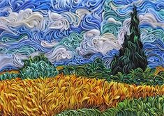 an abstract painting of a field with trees and clouds in the background, painted using acrylic paint