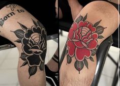 two pictures of the same person's legs with tattoos on them, one has a rose