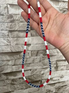 All my products are made of high quality Japanese Miyuki glass beads. This product is hand-woven. It is made using the traditional freehand technique with nylon thread. Each necklace took approximately 4-5 hours to make and was made using hundreds of beads. This hand-knitted ethnic necklace has a total of 3 different colors: White , Blue and Red. For everyday style or special occasions. Miyuki Necklace length is 45cm (17.7 inches) and has an extra 5cm chain. Please contact for details.   Handwov Blue And Gold Beaded Necklace, Blue Jewelry For 4th Of July Beach Day, Handmade Red Beads For Summer, Traditional Beaded Necklaces For Summer Gifts, Patriotic Jewelry For 4th Of July Beach Occasion, Adjustable White Handwoven Beaded Necklaces, Patriotic Jewelry For 4th Of July Beach Events, Patriotic Jewelry For Beach On 4th Of July, White Single Strand Beads For Festival