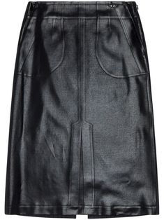 black faux leather low-rise two side patch pockets central rear vent straight hem Chic Midi Pencil Skirt With Pockets, Black Leather Skirt With Pockets, Chic Knee-length Pencil Skirt With Pockets, Classic Knee-length Leather Bottoms, Chic Workwear Skirt With Patch Pockets, Sleek Leather Midi Skirt, Chic Office Skirt With Side Pockets, Classic Knee-length Leather Skirt, Sleek Knee-length Leather Skirt