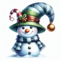 a snowman wearing a green hat and scarf with a christmas ornament hanging from it's side