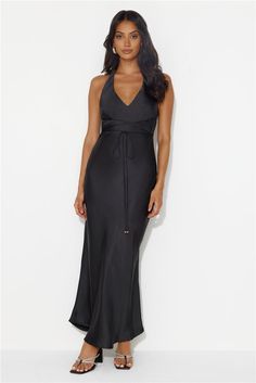 Length from shoulder to hem of size S: 144cm. Chest 39cm, Waist 34cm, size S. Maxi dress. Semi-lined. Model is a standard XS and is wearing XS. True to size. Non-stretch. V-neck. Halterneck tie. Crisscross. Zipper. Cold hand wash only. Polyester. Set trends in the Endless City Halter Satin Maxi Dress. Featuring a gorgeous V-neck, halterneck tie and crisscross design. Style with heels and curls for a dreamy 'fit. Prom Shopping, Bridal Shower Dress, Maxi Dress Black, Shower Dresses, Jumpsuits And Romper, Satin Maxi, Satin Maxi Dress, Long Sleeve Lace Dress, Dresses Backless