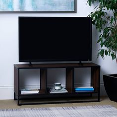 a flat screen tv sitting on top of a wooden stand next to a potted plant