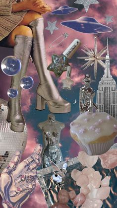 a collage of various items that include shoes and other things in the sky with clouds