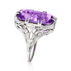 Ross-Simons - C. 1950 Vintage 3.50ct Amethyst Filigree Ring in 18kt White Gold. Size 5.75. C. 1950. Retro era beauty abounds in this eye-catching cocktail ring from our Estate collection, which showcases a 3.50 carat rectangular amethyst within a stunning filigree setting of 18kt white gold. 3/4" wide. Amethyst filigree ring. Exclusive, one-of-a-kind Estate Jewelry. Amethyst birthstones are the perfect gift for February birthdays. Art Deco Purple Amethyst Ring For Formal Occasions, Purple Amethyst Art Deco Ring For Formal Occasions, Formal Art Deco Purple Amethyst Ring, Formal Fine Jewelry Amethyst Solitaire Ring, Formal Amethyst Ring With Diamond Cut, Elegant Oval Amethyst Ring In Platinum, Oval Amethyst Ring In Platinum, Elegant Oval Amethyst Platinum Ring, Oval Amethyst Platinum Ring