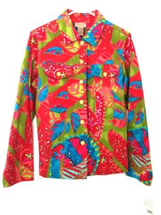 BUYERS: Please see all pictures and text or email us with concerns before buying for full confidence in your purchase! Thanks! Cotton twill jacket has double-stitched seaming and two breast pockets. Jacket is multi-colored with a sprinkling of sequins and fun, graphic buttons. Brand new with tags and bag of extra sequins & button. Great pop of color to dress up jeans or casual wear. Retails $60.  Choices twill jacket   New with tags Size M 100% Cotton Red with green, blue, yellow Approximate fla Spring Multicolor Outerwear With Patch Pockets, Multicolor Collared Outerwear With Pockets, Multicolor Cotton Button-up Outerwear, Casual Multicolor Blazer With Pockets, Multicolor Collared Outerwear With Buttons, Casual Red Outerwear With Patch Pockets, Casual Red Blazer With Buttons, Casual Red Button-up Blazer, Fitted Multicolor Blazer With Pockets