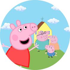 peppa pig and his family in front of a house