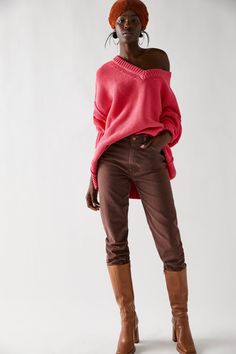 The Alli V-Neck Sweater in Strawberry Spritz is the perfect cozy and stylish sweater for any occasion. It is made from a soft and chunky knit fabric, and features a wide V-neckline, dropped shoulders, and ribbed trimming. The oversized fit is flattering and comfortable, and can be dressed up or down. Composition & Fit: ﻿slouchy oversized fit v-neckline ribbed trimming chunky knit Stylish Sweaters, Every Color, Free People Sweater, Oversized Sweater, V Neck Sweater, Hat Hairstyles, Chunky Knit, Boho Outfits, Vneck Sweater