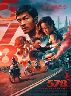 the movie poster for 3 / 3 is shown in red and blue colors, with an image of two men riding motorcycles