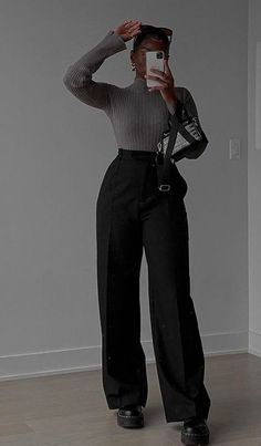 Neutral Fall Work Outfits, Business Casual Fashion Work, Tailored Clothing For Women, Black Fashion Inspo Outfits, Nice Fancy Outfits, Business Casual Friday Outfits For Women, Classy Wide Leg Pants Outfit, Fitted Wide Leg Pants Outfit, Business Aesthetic Woman Outfit