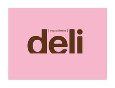 the word deli is written in brown and pink on a light pink square background