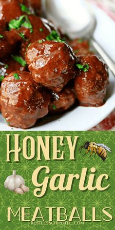 honey garlic meatballs on a plate with the title overlay reads honey garlic meatballs