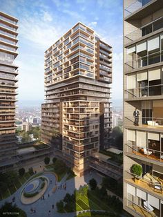 two tall buildings next to each other with balconies on the top and bottom floors