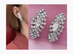 "Discover exquisite vintage crystal clip-on earrings, perfect for brides seeking a touch of timeless elegance. These large, clear rhinestone studs evoke the glamour of art deco, offering a chic, no-piercing alternative. Make a quirky statement with these unique bridal earrings, an ideal gift for the bride-to-be. ❗️ Details:     Vintage from the 1960s     Materials: silver tone costume jewelry metal, rhinestones     Location: Earlobe     Closure: Clip-on     Style: Art deco 15CL And if you happen to be a gentleman shopping for a gift for your lady, here's a couple of tips: 1) There's no such thing as \"too much jewelry\". 2) Any woman would love jewelry as a gift regardless of her age - and yes, that includes your grandma. 3) Designer jewelry is always a safe choice - you don't have to worr Unique Bridal Earrings, Real Pearl Jewellery, Earrings For Bride, Bridal Art, Handmade Boho Jewelry, Rhinestone Wedding, Women's Jewelry And Accessories, Rhinestone Studs, Bride Jewellery