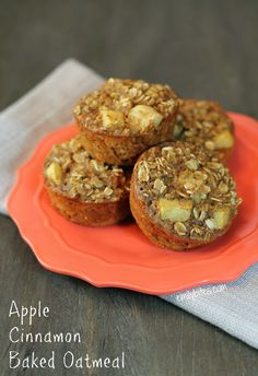 three apple cinnamon baked oatmeal muffins sitting on an orange plate