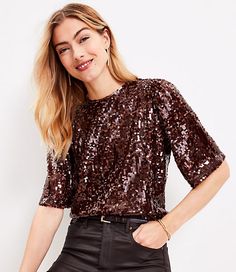 A simply perfect and understated silhouette illuminated by sequins, this top is a polished approach to a little glam for every day - and evening, too. Round neck. Short sleeves with puff shoulders. Back hook-and-eye closure. Lined.,Bullet1:21 1/2" long,Fabric:Fabric: Fluid woven,Imported:Imported,Fit:Fit: Relaxed - an easy shape that's just shy of loose,Length:Length: Regular - hits below natural waist,Fabrication:Shell: 95% Polyester 5% SpandexLining: 100% Polyester,Garment Care:Machine Washable Loft Petite Sequin Top Size Medium Dark Brown Women's by Loft Size Petite - M Dark Brown Women's Crew, Neck, Blouse, Tops, Dressy, Shell:, 95%, Polyester, 5%, SpandexLining:, 100%, Polyester, Machine, Washable Brown Sequin Top Outfit, Sequin Blouse Outfit, Sequins Top Outfit, Tie Waist Maxi Dress, Petite Sweaters, Wedding Sarees, Easy Shape, Top Outfit, Christian Wedding