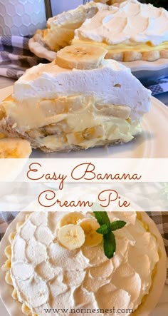 Top Photo: Slice of Banana Cream Pie on a white plate with the whole pie in the background. Bottom Photo: Overhead shot of banana cream pie. Banana Cream Pie Recipe With Cream Cheese, Banana Cream Jello Recipes, Banana Cream Pie Recipe With Pudding And Cool Whip, The Best Banana Cream Pie Recipe, Jello Banana Cream Pie Instant Pudding, Easy No Bake Banana Cream Pie, Banana Crème Pie, Banana Cream Pie With Meringue, Jello Banana Cream Pie Recipe