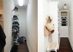 the closet is full of clothes, hats and other things to put on it's shelves