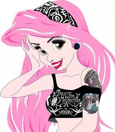 a drawing of a girl with pink hair and tattoos on her arm, wearing a black bra