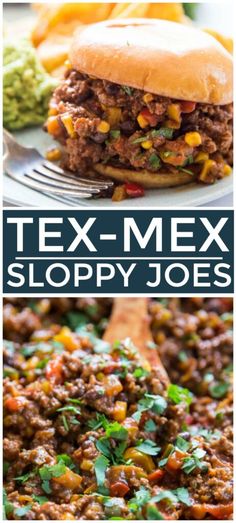 two pictures with text that says tex - mex sloppy joes on the side