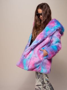 Women's Faux Fur Coat - Classic Our Colorful Faux Fur Coat for Women in Cotton Candy Bear features an oversized hood with ears and beautiful custom Bear buttons. This shaggy faux fur has a tie-dye print and is perfect as festival clothing, for nightlife, or as a party outfit. Cotton Candy Bear Characteristics OPTIMISTIC • LOVING • ADVENTURERDo you have the spirit of the Cotton Candy Bear? If you do, people are drawn to your compassionate, positive outlook on life and ability to soar through situ Colorful Faux Fur Coat, Womens Faux Fur Coat, Endangered Animals, Fur Coats Women, Tie Dye Print, Faux Fur Coat, Festival Outfits, Cotton Candy, Night Life