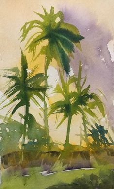 watercolor painting of three palm trees in the distance with yellow and purple sky behind them